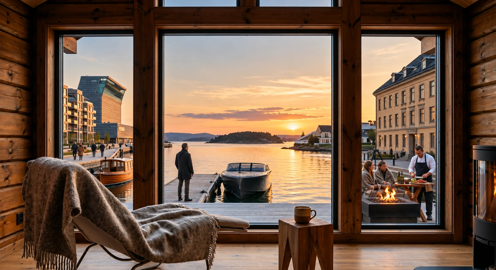 Warm Scandinavian cabin overlooking the Oslofjord at sunset, with a boat and local dining by the water
